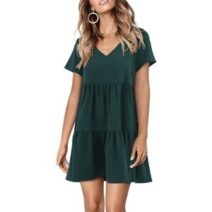 V-Neck Tiered Short Sleeve Dress in Dark Green